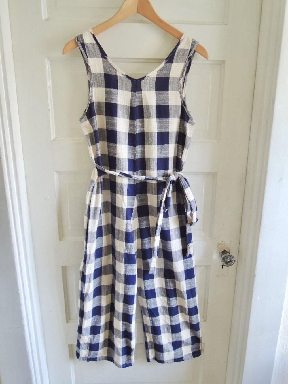 Altar Houseline Blue & White Midnight Gingham Tie-Waist Jumpsuit S